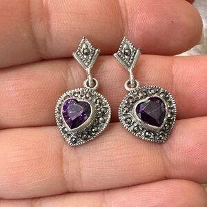 Vintage Sterling Silver Marcasite Amethyst Heart Pierced Earrings